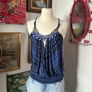 love tease blue black striped beaded tank top